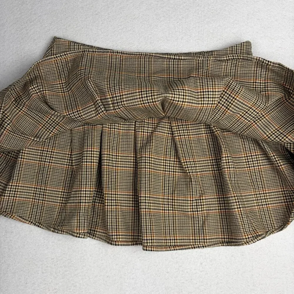RSQ by Tillys Pleated Plaid Mini Skirt Women's L Brown Micro Preppy Kfashion Y2K